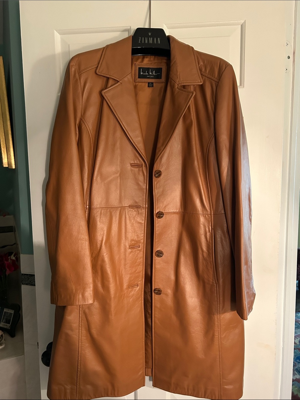 Nicole Miller Cognac Brown Leather Button-Front Coat